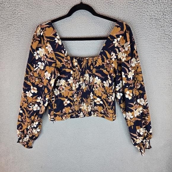 Vigoss Womens Summer Crop Top Long Sleeve Smoked Cuffs Side Zip Floral Browns - Picture 9 of 14